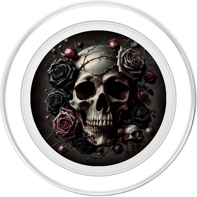 Skull and Roses Floral Black Dark Goth Horror Skull PopSockets PopGrip for MagSafe