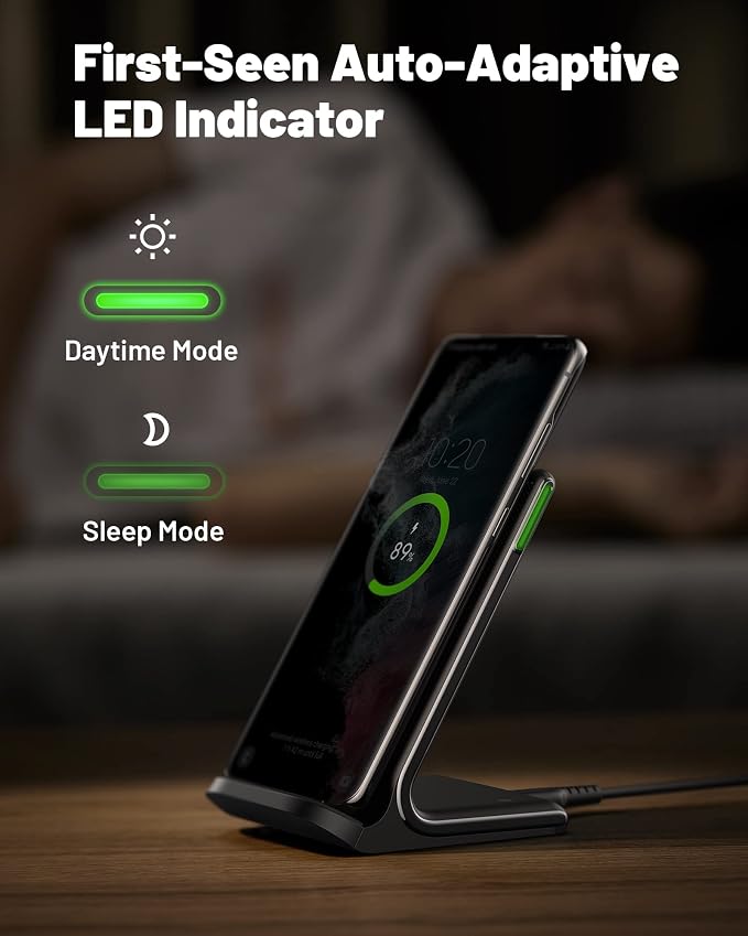 INIU Wireless Charger 15W Fast Wireless Charging Phone Station with LED | Sleep-Friendly Adaptive Light Exclusive Temp°Guard Wireless Charging Station for iPhone 17 16 Pro Max Samsung S25 S24 etc