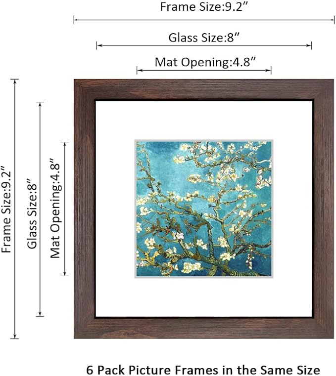 8x8 Walnut Picture Frame Set of 6 with Real Glass for Pictures 5x5 with Mat or 8x8 Without Mat, Wall or Tabletop Gallery Photo Frames