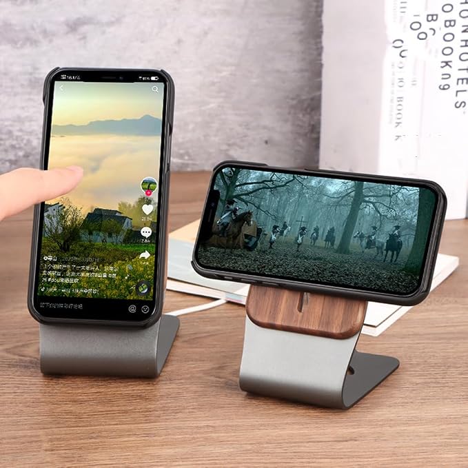 Luxury Aluminium Aloy + Solid Wooden Desktop Holder Stand Compatible with for MagSafe Charger Wireless Charging Accessories for iPhone 16/15/14/13/12 Series Cell Phones