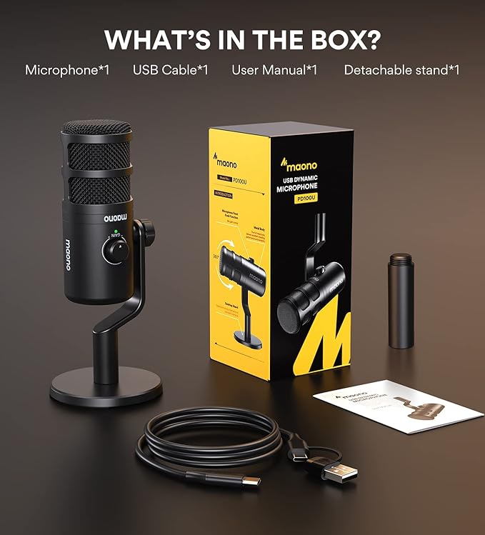 MAONO USB Dynamic Microphone, Podcast Recording Microphone with Gain Knob, Plug & Play, Metal Structure, Voice-Isolating Technology, Cardioid Studio PC Mic for Streaming, Vocal, Home Studio-PD100U