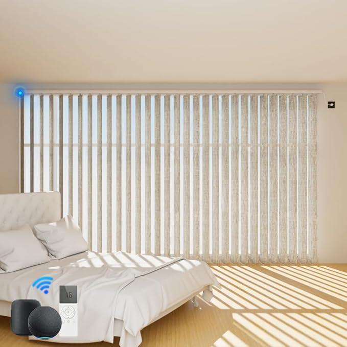 Blindify Motorized Vertical Blinds Compatible with Alexa Google Home, Blackout Sliding Door Shades Smart Vertical Blinds Remote Control Customize, Light Beige