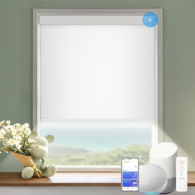 COOLWINDS Motorized Blinds with Remote Cordless Automatic Motorized Shades Custom Blinds for Windows Smart Curtains Compatible with Alexa Google Home(Light Filtering Jacquard White,32x72in)