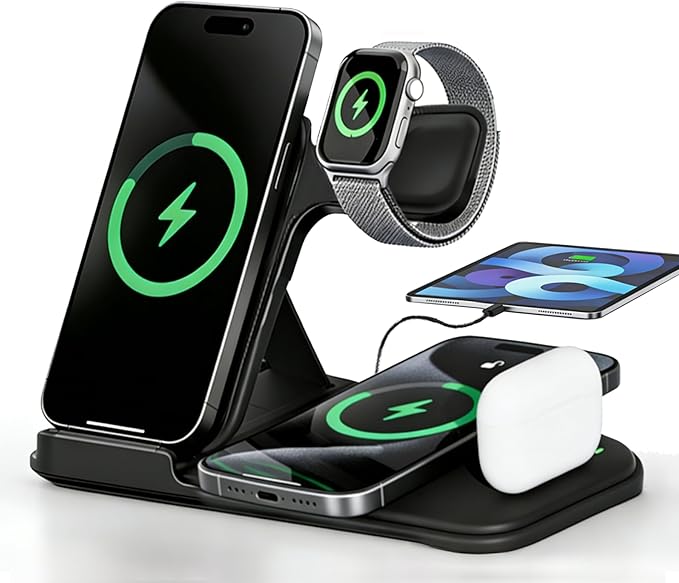 5 in 1 Wireless Charging Station for Multiple Devices Premium Fast Charging Stand for Apple Samsung Android Dual Phone Dock with USB Port for Desk Nightstand