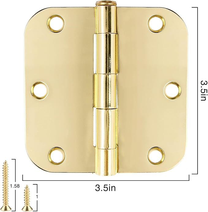 18 Pack Interior Door Hinges Polished Brass 3.5 inch X 3-1/2" 5/8 Radius,3 ½"Gold Round Standard Hinge for Single Doors DIY Assembly Bi-fold Table Hardware Kit House Accessories Home Eseentials