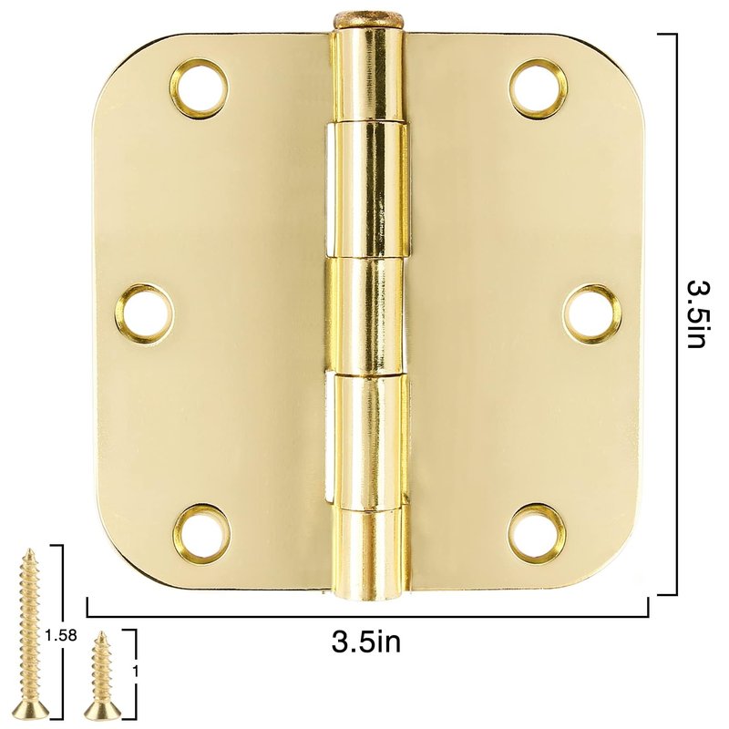 3 Pack Rounded Door Hinges 3-1/2" x 3.5 inch, 5/8 Radius, Polished Brass 3 ½ Inch Gold House Interior Hinge for Bed/Living/Guest/Pantry/Storage/Study/Work Room Doors Heavy Duty Steel Hardware Kit