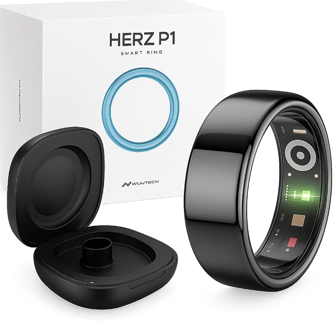 Herz P1 Smart Ring and Charging Case Bundle - (Size 12) Health Ring Tracks 20+ Metrics Bluetooth Sleep &amp Activity Tracker 6 Day Battery Life Magnetic Charging Case iOS &amp Android App