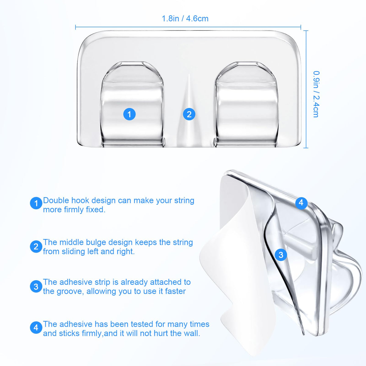 Hooks for Outdoor String Lights Clips: 26Pcs Heavy Duty Light Hook with Waterproof Adhesive Strips - Outside Clear Cord Holders for Hanging Christmas Lighting - Outdoors Sticky Clip