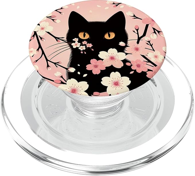 Cat Aesthetic Flower Floral Cherry Blossom Cat Pink Kawaii PopSockets PopGrip for MagSafe