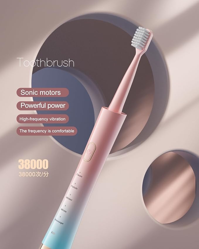 AJELU Pink & Blue Gradient Rechargeable Sonic Electric Toothbrush for Adults, 5 Modes with Smart Timer, 8 Replacement Brush Heads Soft Bristles, High Vibration, Perfect for Home, Travel, Gift