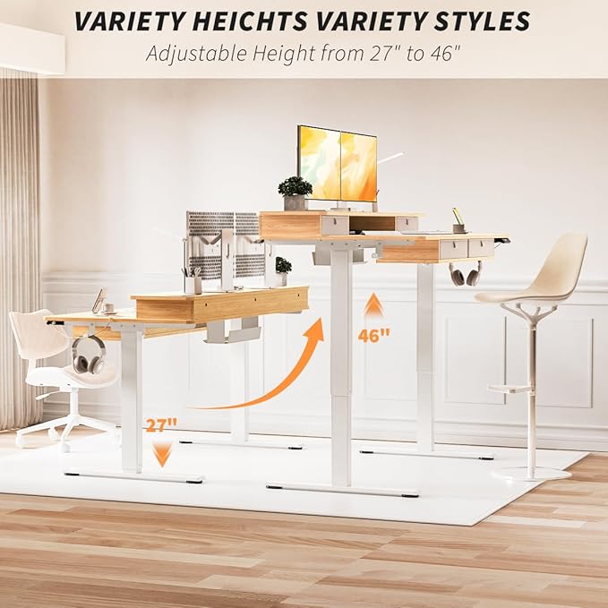 Kingant Standing Desk with Fast Charging USB Ports, 63" x 30" Height Adjustable Home Office & Gaming Desk, Sit Stand Desk with Built-in Storage Shelf, Hook & Ergonomic Design(Maple)