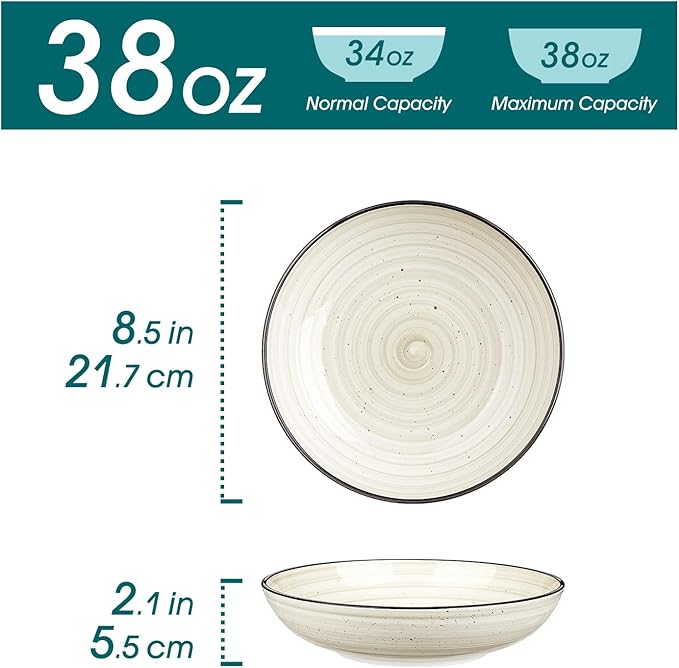 vancasso Bonbon Pasta Bowls Set of 6, 38 Oz Ceramic Salad Bowls, Wide and Shallow Bowls Set, Large Serving Bowls for Kitchen, Beige