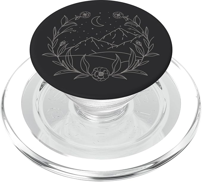 Boho Mountain Moon Night Botanical Floral (Ash Black) PopSockets Adhesive PopGrip