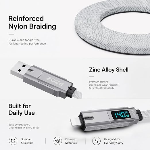 PZOZ 4-in-1 Keychain Charging Cable 60W Fast Charging USB C Cable with LED Display USB A/C to USB C &amp Lightning Portable Short Charger Cord for iPhone 16/15 iPad MacBook Samsung (60W 7.3 in