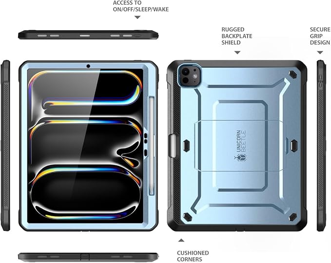SUPCASE for iPad Pro 11 inch Case M5/M4 2025/2024 with Pencil Holder Black | Built-in Screen Protector Built-in Stand Support Apple Pencil's Wireless Charge Heavy Duty Protection Unicorn Beetle Pr