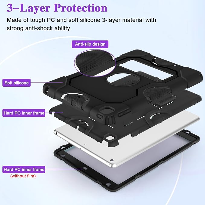 ZoneFoker for iPad 9th Generation Case iPad 8th 7th Generation Case iPad 10.2 Inch 2021/2020/2019 Case Heavy Duty Rugged Shockproof Protective Cover with Kickstand Black