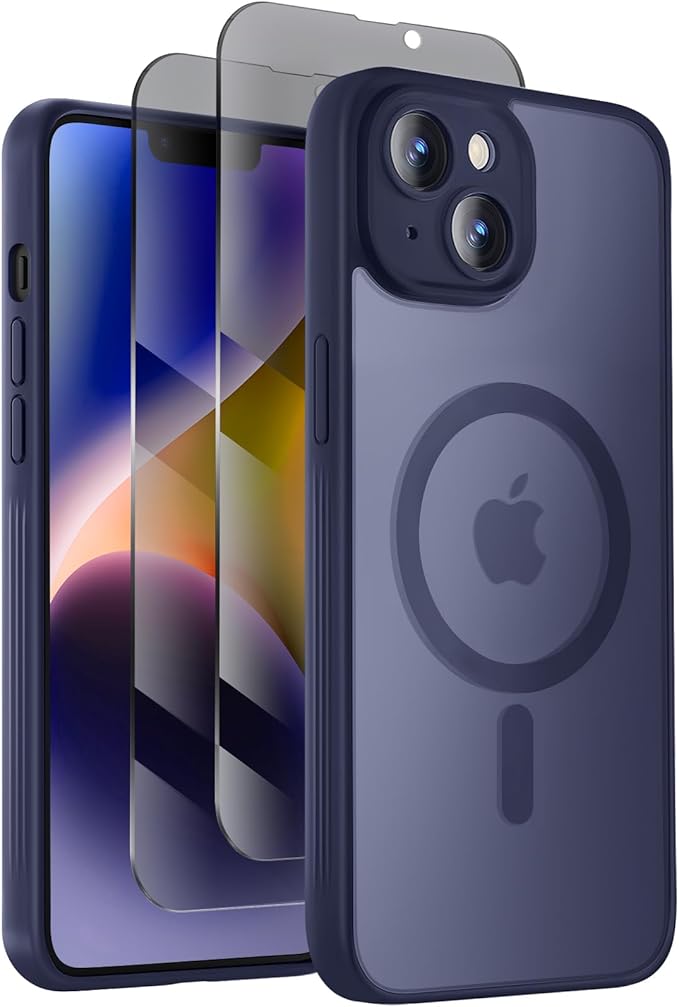 Designed for iPhone 14 Case, Compatible with MagSafe, with Privacy Screen Protectors X2, [Camera Protection] [15FT Military Drop Protection] Shockproof Phone Case, 6.1", Navy Blue