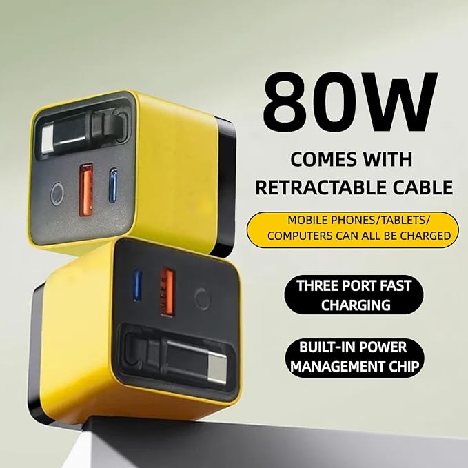 3 in 1 GaN Charger80w Fast Charger Adapter with Type-C Cable &amp 2 USB PortsMulti-Functional Retractable All in one Charger for PhoneTabletslaptops (Yellow)