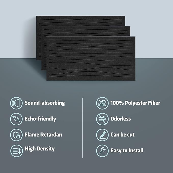 UMIACOUSTICS 6 PCS Sound Proof Panels,47.2 x 23.6 Inches Sound Absorbing Panels,Decorative Acoustic Panels in Art Curve Shaped Black Color