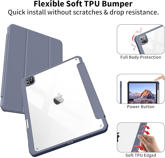 Clear Case for iPad Pro 12.9 inch 6th/5th/4th/3rd Gen 2022/2021/2020/2018 with Pencil Holder Lightweight Shockproof Trifold Stand Transparent Acrylic Back Cover Auto Wake/Sleep Black