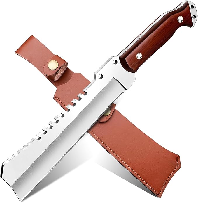 Machete w Sheath for Yard Work, 15'' Full Tang Camping Machete for Cutting Trees Heavy Duty, Survival Machetes, 0.22’’ Thick 5CR15MOV Stainless Steel Blade Spine & Wood Handle, Clearing Brush and Gardening