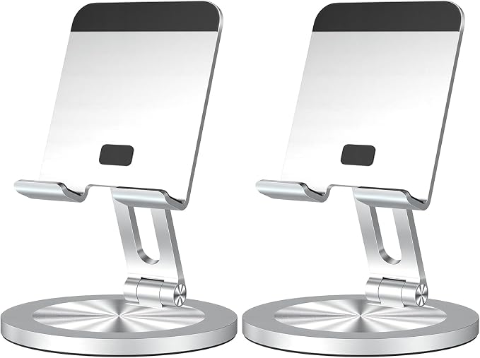 Phone Stand for Desk 360° Rotating Dual Adjustable Foldable Cell Phone Holder Heavy Solid All-Aluminum Base Anti-Slip Stable Support for Home Office Study Fits iPhone Galaxy 4-8 Phones