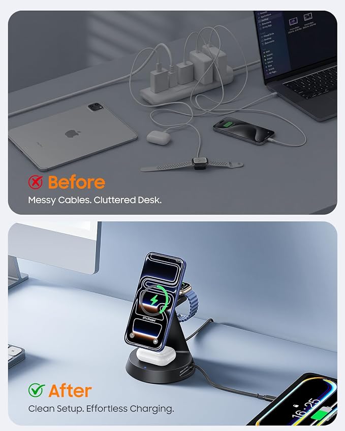 Meifigno 4 in 1 Magnetic Wireless Charger with 20W Fast Retractable Cable | Compatible with MagSafe Charging Station for Multiple Apple Devices with PD45W Adapter for iPhone 17/ 16/ iWatch/ Earbuds
