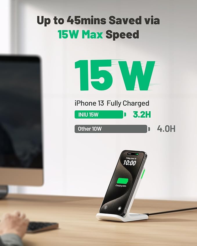 INIU Wireless Charger 15W Fast Wireless Charging Phone Station with LED | Sleep-Friendly Adaptive Light Exclusive Temp°Guard Wireless Charging Station for iPhone 17 16 Pro Max Samsung S25 S24 etc