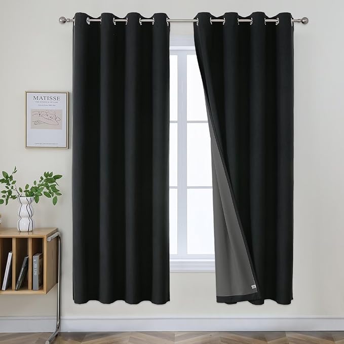 Joydeco Blackout Curtains 72 Inches Long 2 Panels Burg, Room Darkening Curtains for Bedroom, 100% Black Out Textured Thermal Drapes Privacy Protection 2 Panels Set(W52 x L72 Inch, Black)