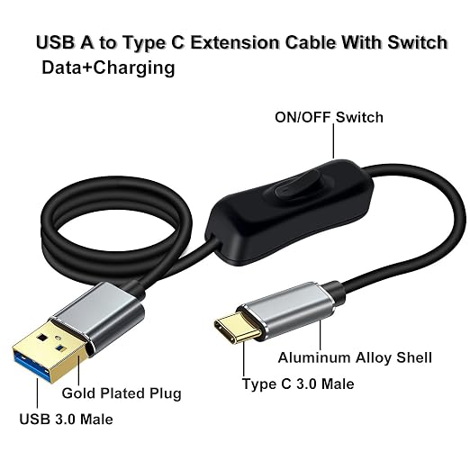 10Gbps USB C Cable with Switch USB 3.0 High Speed Data Transfer Cable with Gold Plated Plug 60W 3A for Laptops PC Phone Car (Black 1.6FT / 0.5 m)