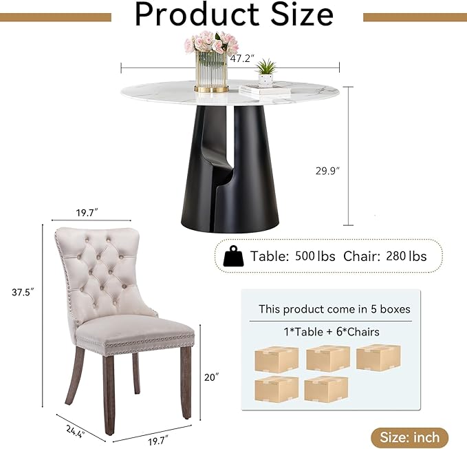 7-Piece Faux Marble Round Dining Table Set for 6, Modern Luxury Kitchen Table Set for 6 with Beige Tufted Chairs,Circle Dining Tables with White Marble Grain Top and Black Pedestal Base
