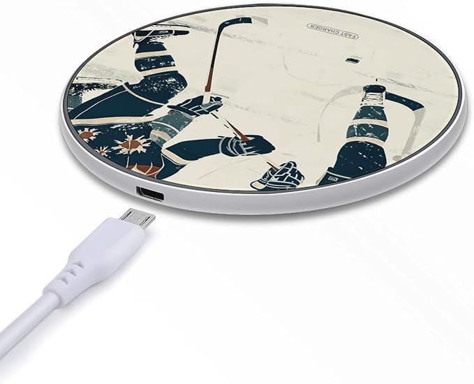 Ice Hockey Pattern Wireless Charger with Aluminum Alloy Frame Qi Certified Fast Wireless Charging Pad 10W Charging Station Portable Phone Charger for All Wireless Charging Phone