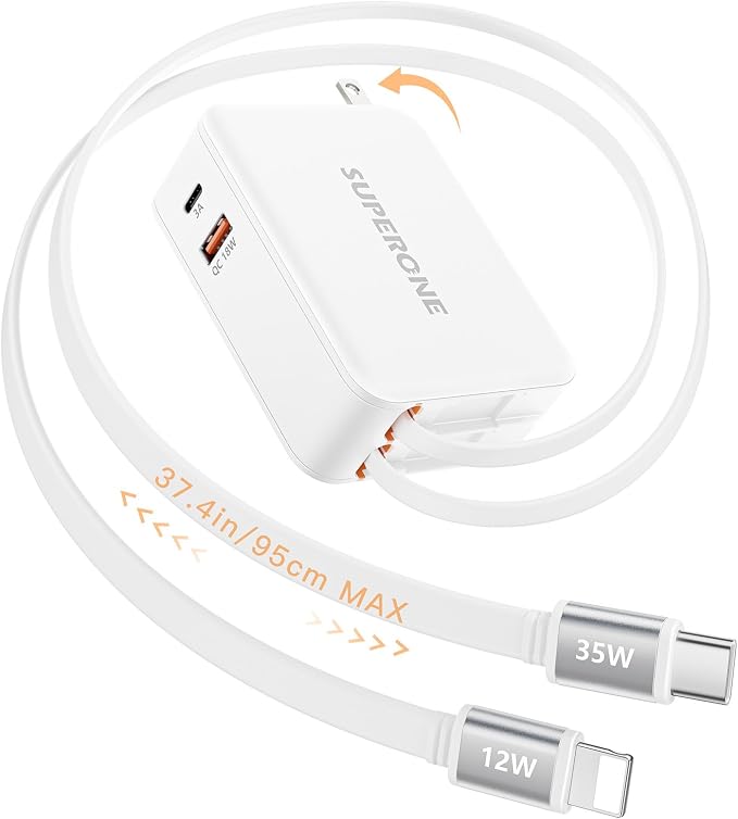 SUPERONE 4 in 1 Retractable Wall Charger with Dual USB C Cables 78W Fast Charging iPhone 17 Retractable USB C Charger with Dual Ports for iPhone 17 Pro Max/16/15/14/13/12 Pad Galaxy Pixel
