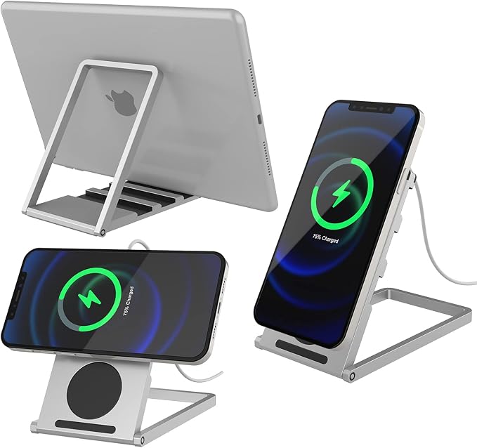 PunkCase Universal Magnetic Desk Stand for Phones Tablets and E-Readers | Compact &amp Sturdy Metal Design | 360 Degree Foldable | Works with All Devices up to 11 inches [Silver]
