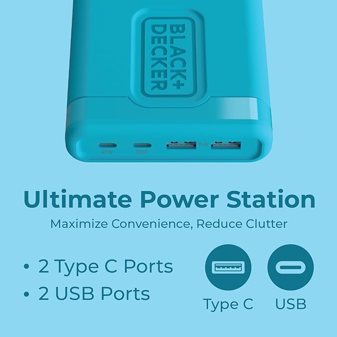 BLACK+DECKER USB C Fast Charger 65W 4 Port Type USB C Charging Station Hub Block TypeC Wall Charger Power Strip Adapter Plug 2 USBC 2 USBA for iPad iPhone 17 16 15 14 Pro Max Pixel Note Galaxy, Blue
