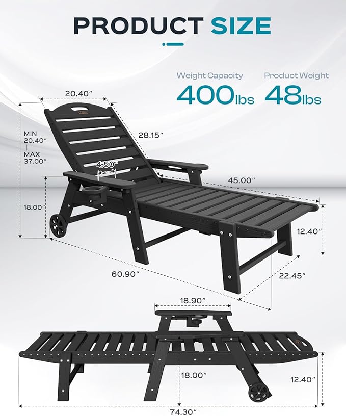 Outdoor Chaise Lounge Chair Set of 2, Patio Lounge Chairs for Outside, HDPE Lounge Chairs with Wheels & Cup Holder, Poly Lounge Chair with 5 Position for Poolside, Deck, Black