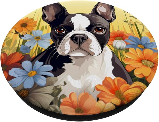 Cute Boston Terrier Spring Flower Garden Colorful Puppy Dog PopSockets Adhesive PopGrip