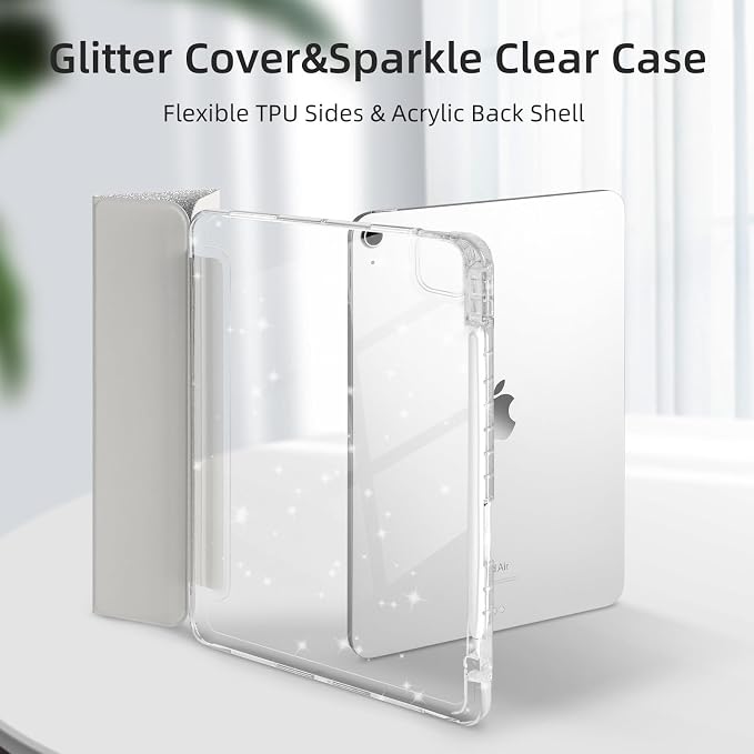 Case for iPad Air 13 Inch (M4/M3/M2 2026/2025/2024) &amp iPad Pro 12.9 6/5th Gen (2022/2021) Glittering Sparkly Cover with Shiny Clear Back Shell Trifold Stand Case with Pencil Holder Black