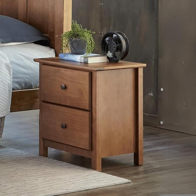 Grain Wood Furniture Shaker 2-Drawer Bedside Nightstand, Solid Wood with Walnut Finish