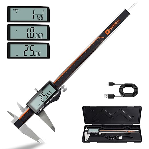 HARDELL Digital Caliper, Rechargeable 0-8 Inch Calipers Measuring Tool with Large LCD Screen, Inch/MM/Fraction, Stainless Steel, Auto-Off, Vernier Caliper Digital Micrometer