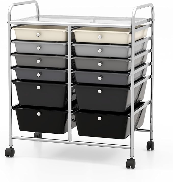 COSTWAY 12-Drawer Rolling Storage Cart, Moveable Art Craft Organizer W/Lockable Wheels, Metal Shelf, Files Arrangement Tools Makeup Storage Cart for Office, Home, School, Mixed Black