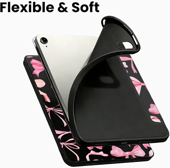 for iPad A16 11 Inch 2025 /for iPad 10th Generation 10.9 Inch 2022 Cute iPad Black Case with Pencil Holder-[Auto Wake/Sleep] Trifold Stand Soft TPU Protective Cover Pink Bows