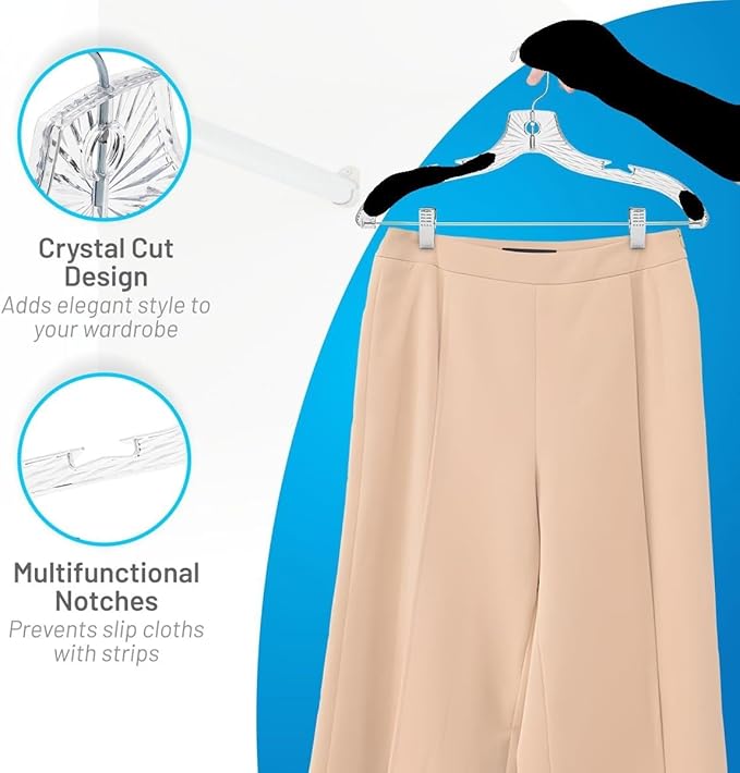 Clothes Hangers with Clips Plastic Set of 12 Pack Heavy Duty Hangers Dresses, T-Shirts Shirt Suit Hangers for Closet Organization Crystal Clear Hanger Pants Skirt Hanger Women and Men