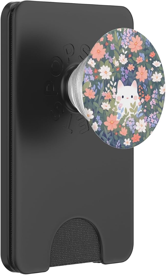 Cute White Cat Hiding in Spring Flowers Botanical Floral PopSockets Adhesive PopGrip