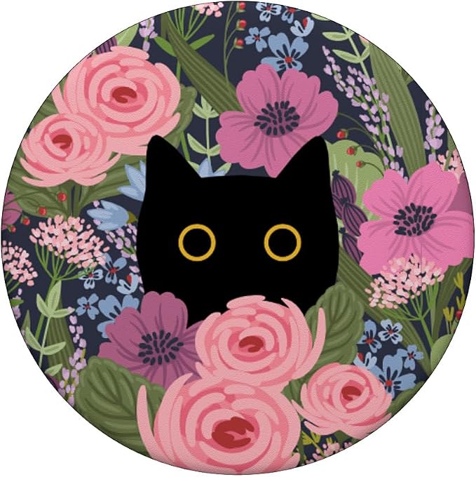 Black Cat Hiding in Garden Flowers Cute Floral Pattern PopSockets Adhesive PopGrip