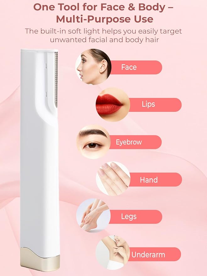 Dermaplane Facial Razor for Women – Electric 3-Speed Sonic Face Hair Removal Tool with LED Light, Peach Fuzz Remover & Exfoliating Dermaplaning Tool, USB-C Rechargeable with 5 Replacement Heads
