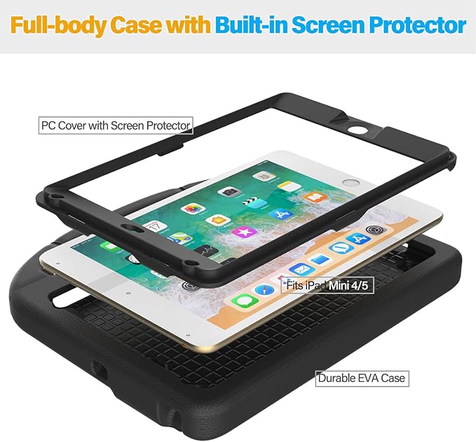 SUPLIK Kids Case for iPad mini 4/5 (7.9) Built-in Screen Protector Durable Shockproof Protective Cover with Handle Stand for 7.9 inch Apple iPad mini 4th/5th Generation Black