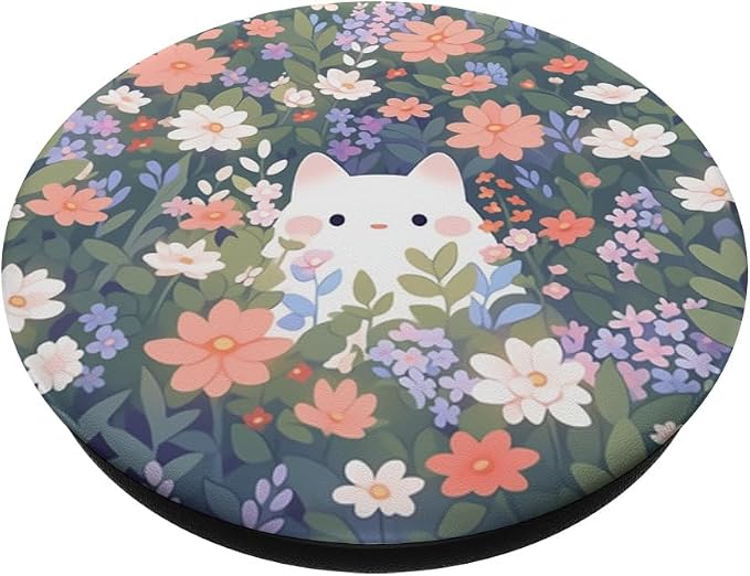 Cute White Cat Hiding in Spring Flowers Botanical Floral PopSockets Adhesive PopGrip