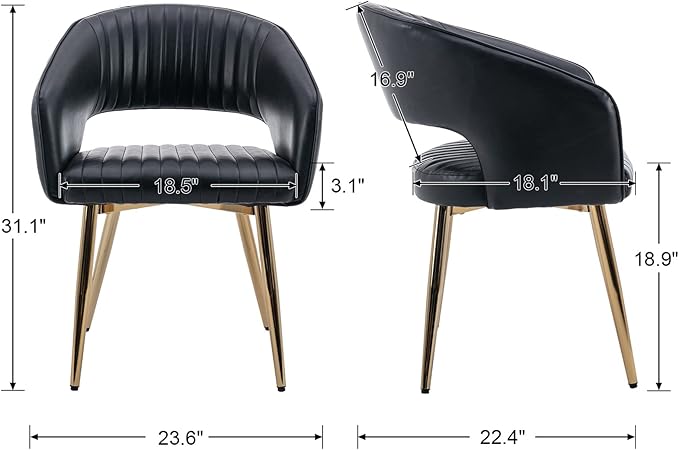 Modern Dining Chairs Set of 8, Upholstered PU Leather Gold Dining Room Chairs with Hollow Back, Accent Armrest Kitchen Chairs with Gold Legs for Living Room Black