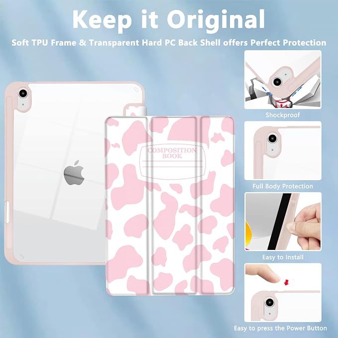 Hybrid Slim Case for iPad 11th (A16) 11-inch 2025 / iPad 10th Generation 10.9-inch 2022 - Shockproof Cover with Clear Transparent Back Shell [Pencil Holder Auto Sleep/Wake] Blue Cow